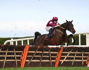 Brighterdaysahead and Sam Ewing negotiate the final flight in the Grade 1 Neville Hotels Hurdle.